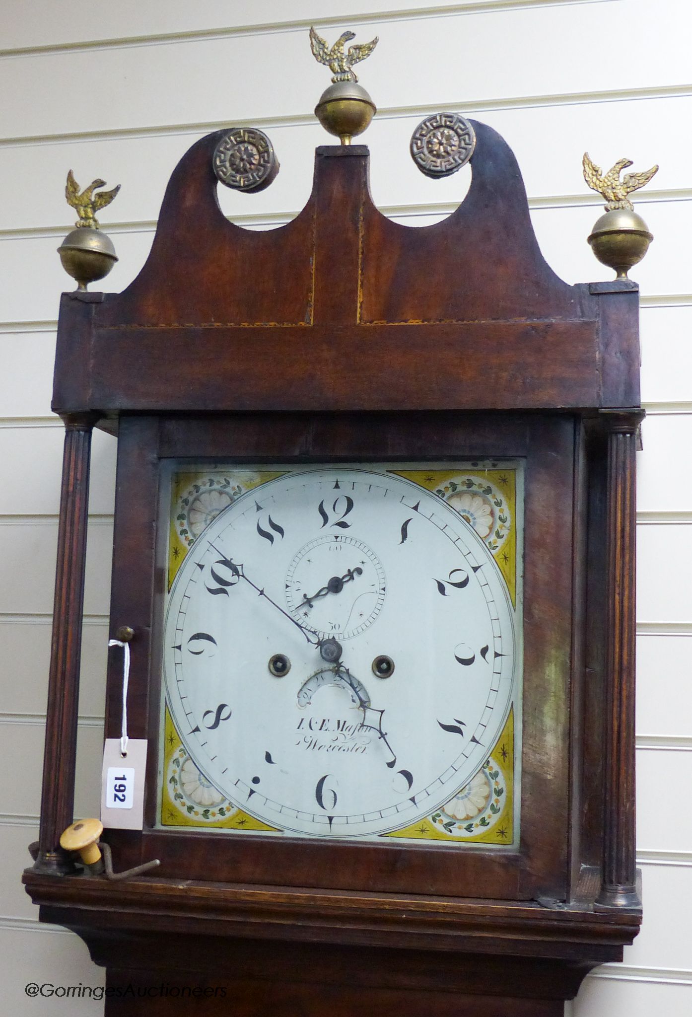 An oak 8-day and mahogany banded longcase clock, The painted dial signed I.& E.Mason Worcester, 219 cm high